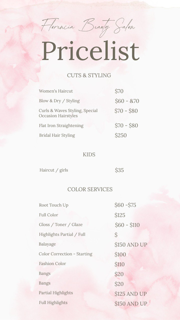 Florencia Beauty Salon pricing for hair services including haircuts, coloring, and treatments